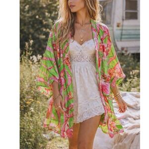 Kimono Dave Green Pink Floral Psychedelic Open Front Robe Kimono Cover Up- OS